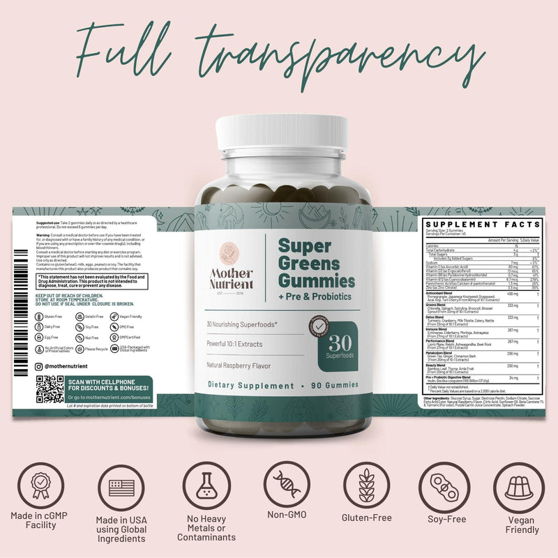 Super Greens Gummies for Adults, Not Just 8 but 30 Greens Superfood Gummies | Powerful Supergreens Gummies, Daily Multivitamin Veggie Superfood Chewables, 90 Vegetable Gummies for Adults and Kids