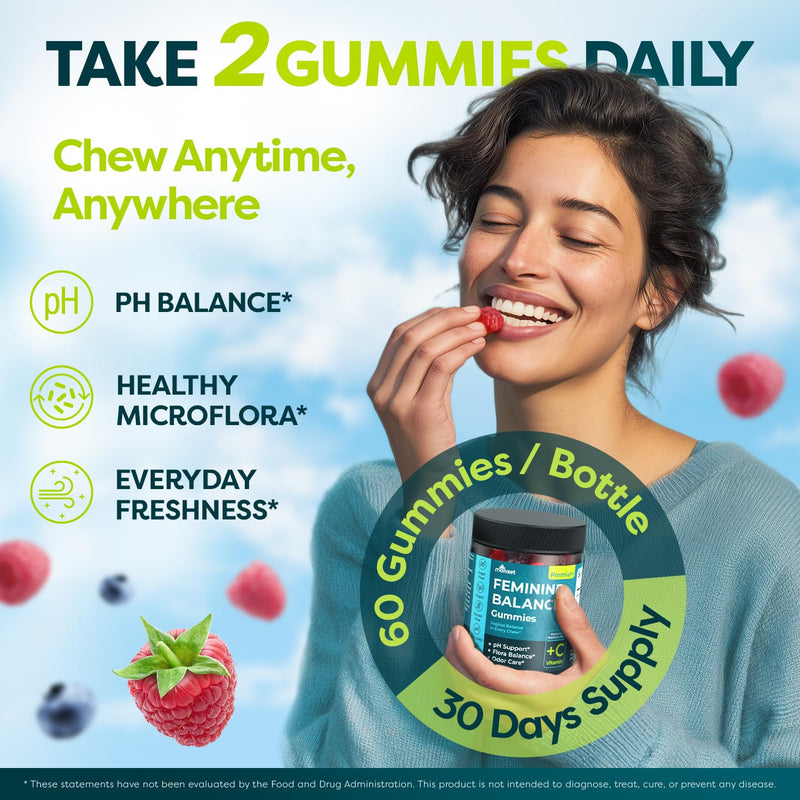 MONSET Feminine Balance Gummies for Women – Vaginal Probiotics for Women pH Balance & Odor Control – 60ct Prebiotics and Probiotics for Womens – Berry Flavor Vaginal Health Supplement