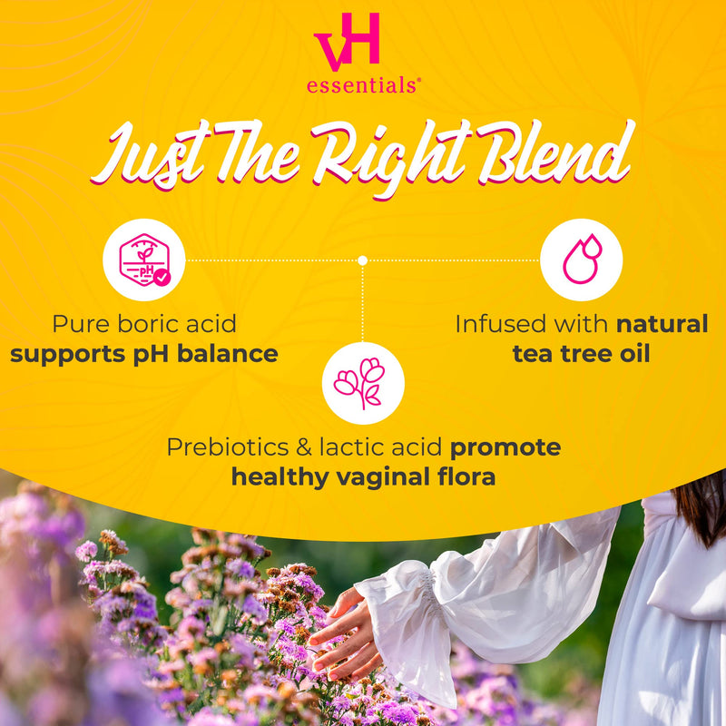 vH essentials Boric Acid + Tea Tree Vaginal Suppositories - Prebiotics Formula with Lactic Acid - PH Balance, Odor Control, Feminine Care - 24 Suppositories + Applicator, White, 2.4 Ounces (5397) Medication - BeesActive Australia