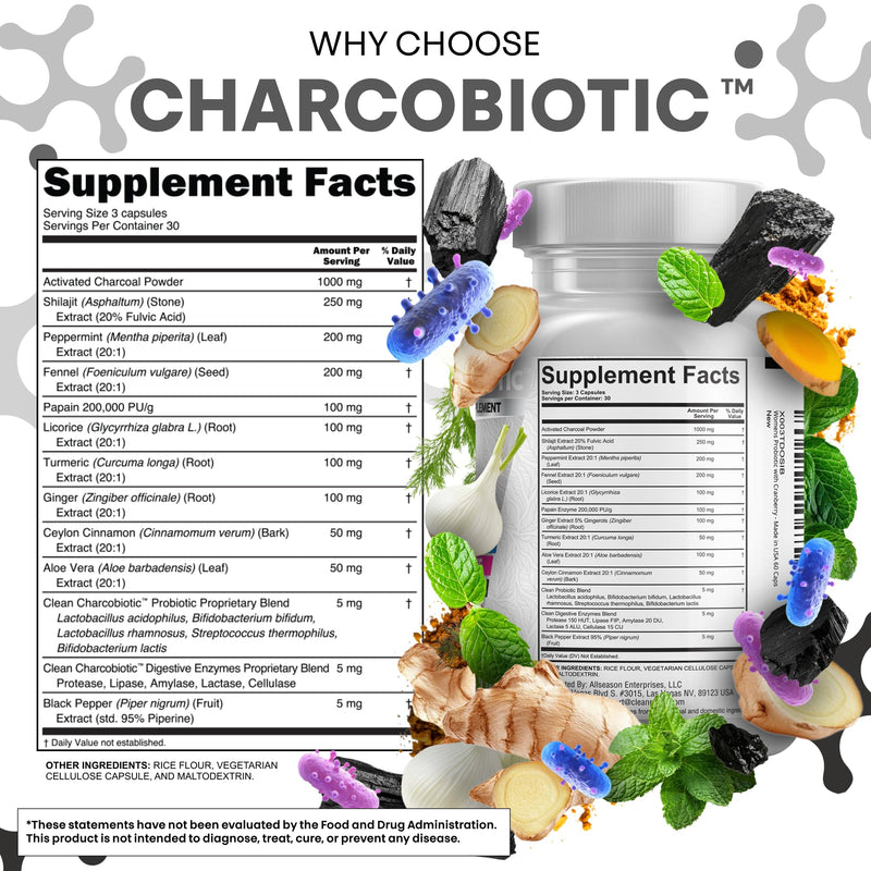 Clean Nutra Activated Charcoal Pills + Shilajit Probiotic Digestive Enzymes for Digestive Health Capsules with Peppermint Fennel Licorice Papain Ginger Turmeric Powder | Gut Health (Pack of 2) 60 Count (Pack of 2)