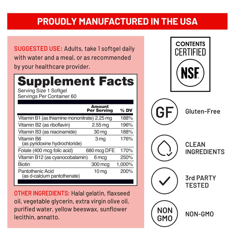 NatureWise Vitamin B Complex for Women and Men - with Folic Acid Biotin B1 B2 B3 B6 B12 - Support Cellular Energy & Mental Clarity - Gluten & Dairy Free - 60 Softgels[2-Month Supply] 60 Count (Pack of 1)