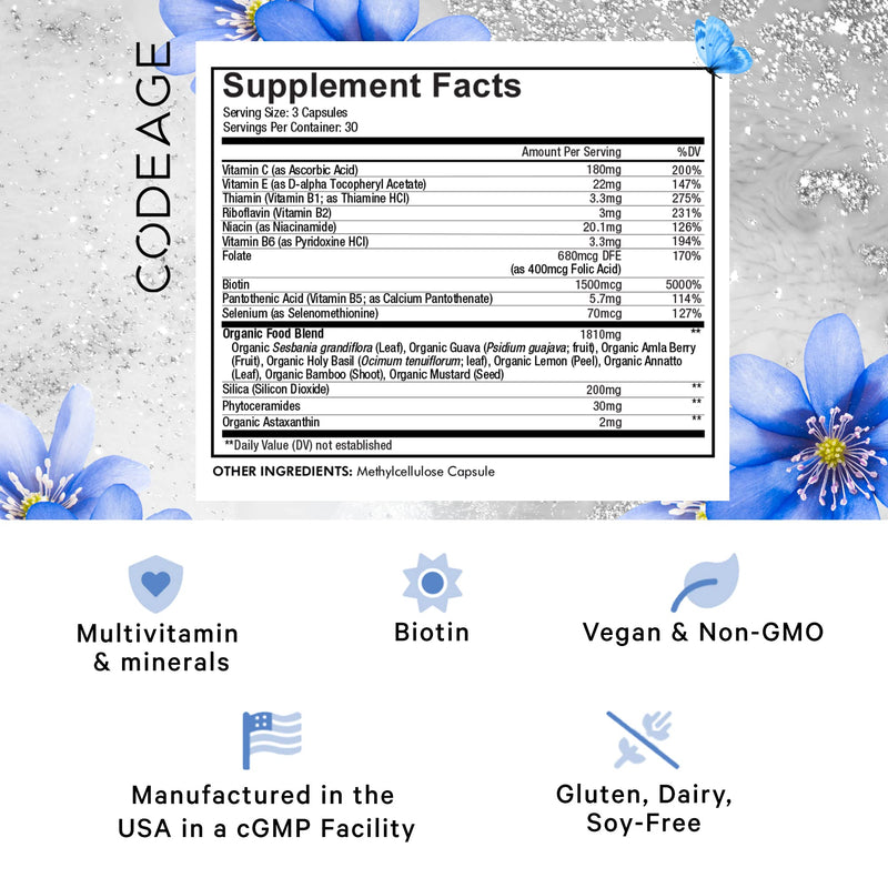Codeage Biotin Supplement with Vitamin C, Vitamin E, Vitamin B6, Niacin, Folate, Organic Food Blend, Phytoceramides, Astaxanthin, Selenium - Beauty Tonic - Hair, Skin, and Nail Support - Vegan, 90 Ct