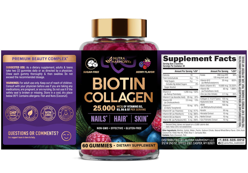 Biotin Gummies for Hair Growth Support - for Women & Men - Berry, Pack of 2 | Biotin 10000mcg, Collagen, Keratin, Hyaluronic Acid, B-Complex, Saw Palmetto - Hair, Skin & Nail Strengt Support - Sugar-Free Mixed berry 60 Count (Pack of 2)