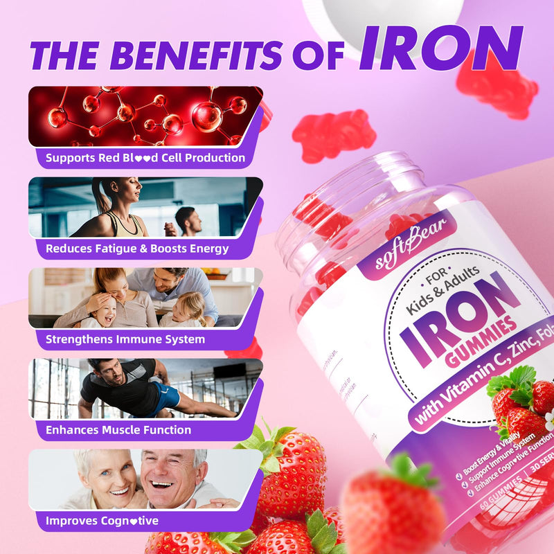 softbear Iron Gummies for Women & Men & Kids, Chewable Iron Supplements with Vitamin C,B3,B5,B6,B12 Supports Immune System, Energy & Vitality, Sugar-Free/Vegan, Strawberry Flavor 120 Count 60 Count (Pack of 2)