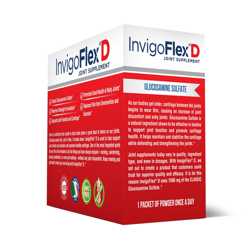 INVIGOFLEX 1500mg of Glucosamine Sulfate Powder (Classic Formulation) - Premium Joint Supplement for Knees, Hands, Back, and Hip Support D: Glucosamine Sulfate, Packets - 60 Packets 1.88 Pound (Pack of 2)