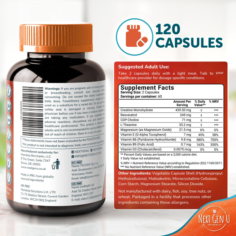 Brain Supplement - 120 Vegan Capsules - Dietary Nootropic May Help Memory, Cognitive Function & Focus - Formulation with Amino Acids, Polyphenols & B Vitamins - for Women, Men & Seniors - by NextGenU