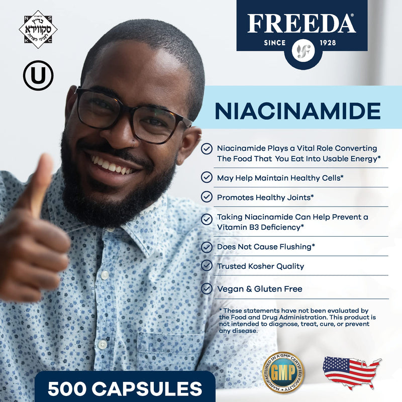 FREEDA 250mg Niacinamide & Vitamin B3 Supplement - 500 Capsules | Vegetarian Niacinamide Supplement with No-Flush Formula - Supporting Skin Health & Energy Metabolism