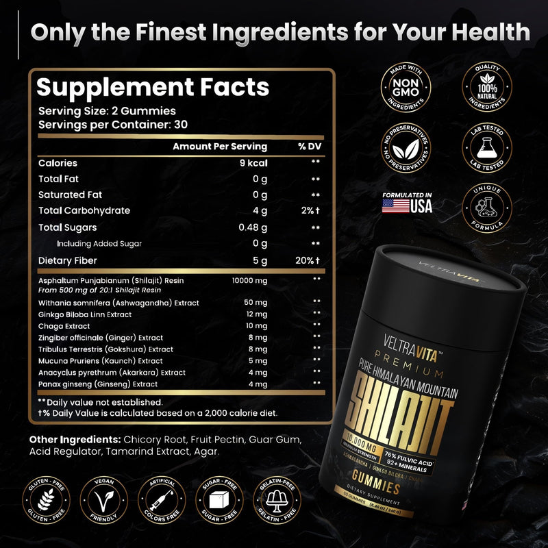 Pure Himalayan Shilajit Gummies with Ginkgo Biloba, Chaga & KSM-66 Ashwagandha | Shilajit for Men & Women |10000 mg Max Potency | 76%+ Fulvic Acid & 92+ Trace Minerals | Sugar Free - BeesActive Australia