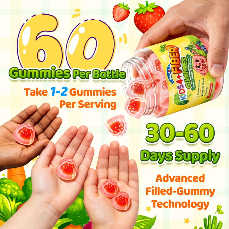 duwhot Kids Fiber Gummies 5g with Probiotics, 60 Chews | Prebiotic Fiber Supplement with Vitamin C D3 B6 & Veggies, Gentle Digestive & Regularity Support, Sugar Free