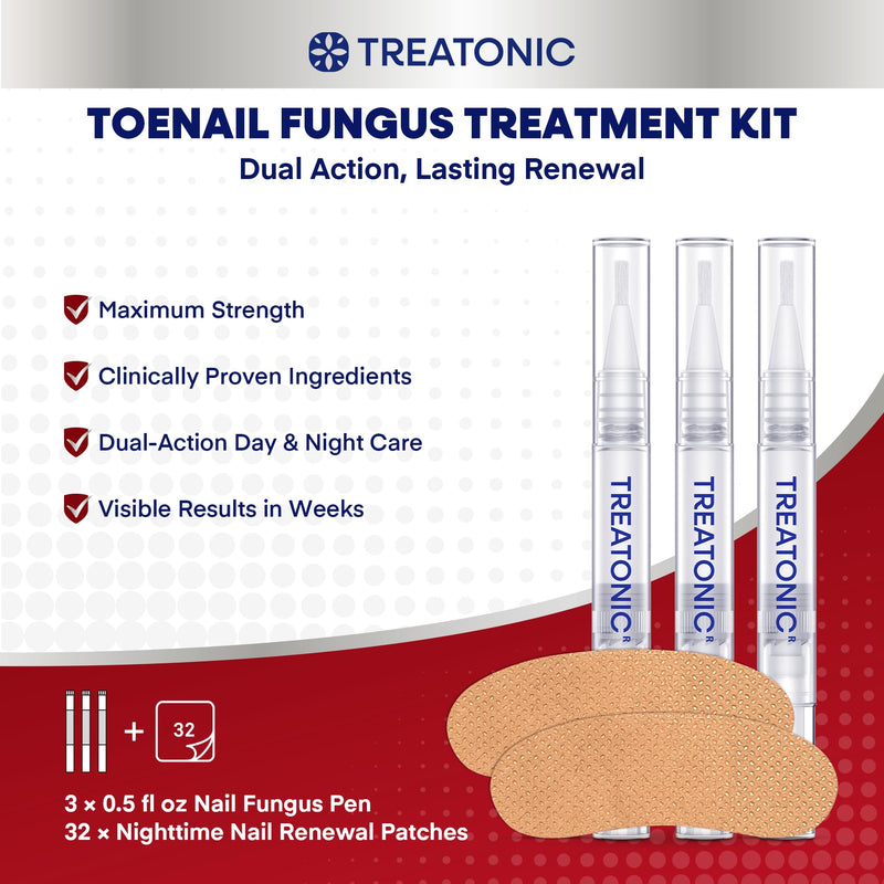 Treatonic Toenail Fungus Treatment Kit: Antifungal Nail Fungus Treatment Extra Strength with 25% Undecylenic Acid (3 Pens) & 32 Night Fungal Nail Patches - Repairs Damaged & Restores Discolored Nails 1-Pack(3 Pens + 32 Patches)