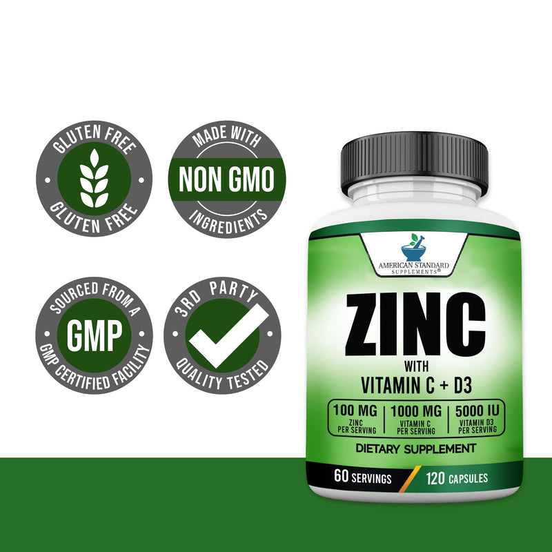 American Standard Supplements Zinc 100mg, Vitamin C 1000mg, and Vitamin D3 5000 IU (125mcg) Per Serving - Gluten Free, Non-GMO, 120 Capsules, 60 Servings 120 Count (Pack of 1) - BeesActive Australia