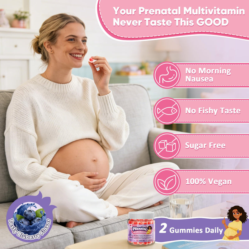 Prenatal Vitamins for Women, Prenatal Multivitamin Gummies + Methylfolate, Iron, Omega-3, Choline, Ginger, Probiotic, Vitamin A C D3 B6 B12 for Before, During & After Pregnancy, NO Sugar, Vegan, 60Cts