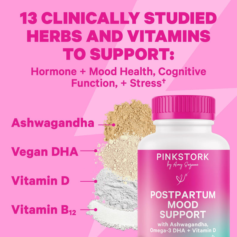 Pink Stork Postpartum Essentials Kit for New Moms - Mood Support | Hormone Balance & Recovery, Postnatal Vitamins with Ashwagandha, Herbal Teas for Stress, Energy & Sleep, Vegan