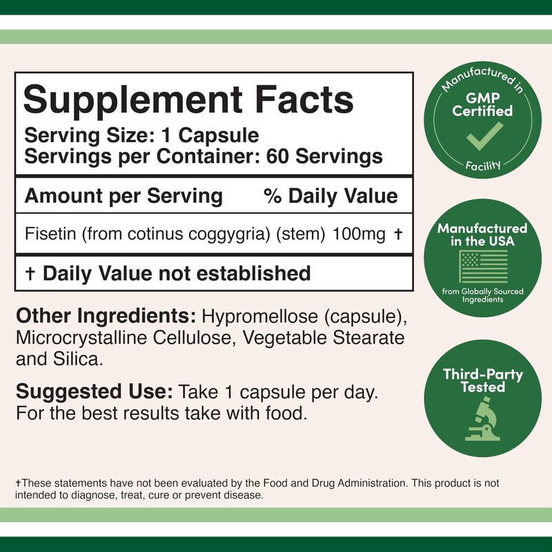 Fisetin Supplement - 100mg of Bioactive Flavnonols, 60 Count (Bioflavonoid Polyphenols Supplement Similar to Apigenin, Luteolin, and Quercetin) Aging Support Senolytic by Double Wood (Pack of 2) 60 Count (Pack of 2)