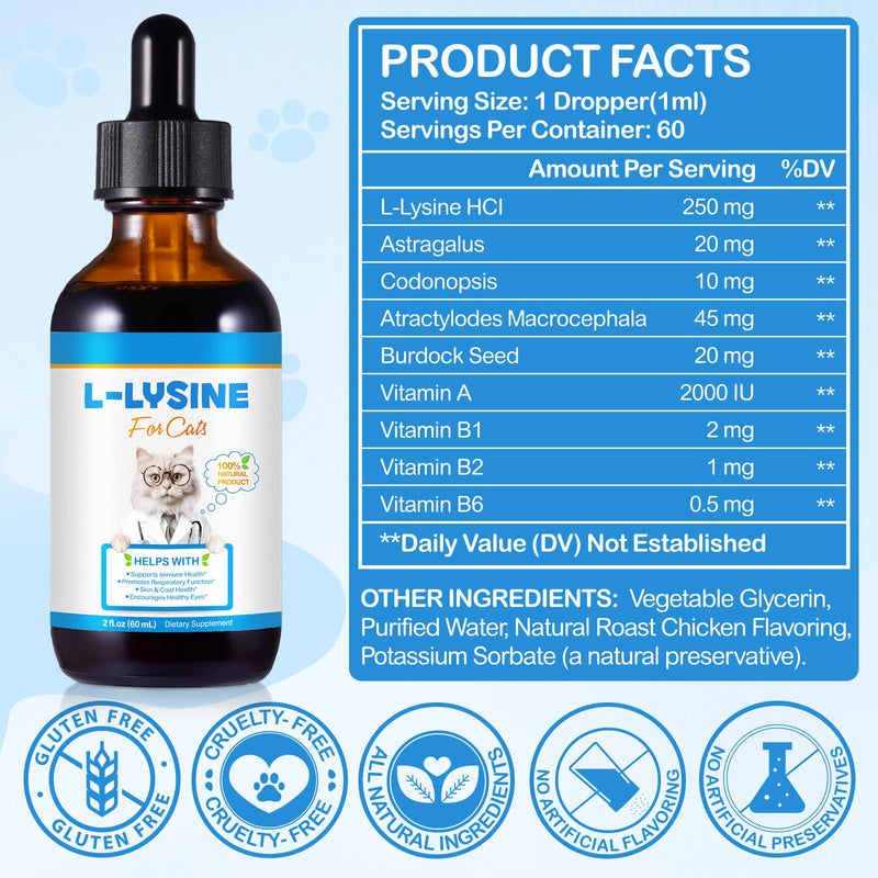 L-Lysine for Cats – Antibiotic-Free Immune Support | Fast-Acting Liquid for Cat Flu, Sneezing & Runny Eyes | Vet-Quality Formula | Tasty Chicken Flavour | 60ml