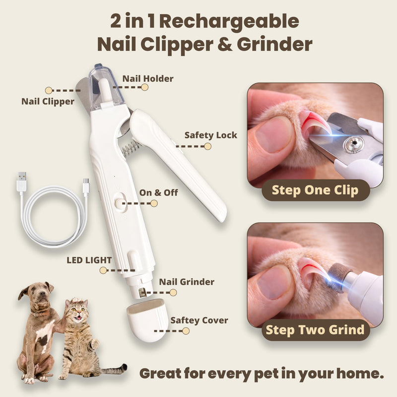 2-in-1 Dog Nail Clippers & Cat Nail Clipper with 2 LED Lights, USB Rechargeable with Safety Guard, Low Noise Grooming Tool for Small, Medium, and Large Dog & Cat Nail Trimmer(White) white