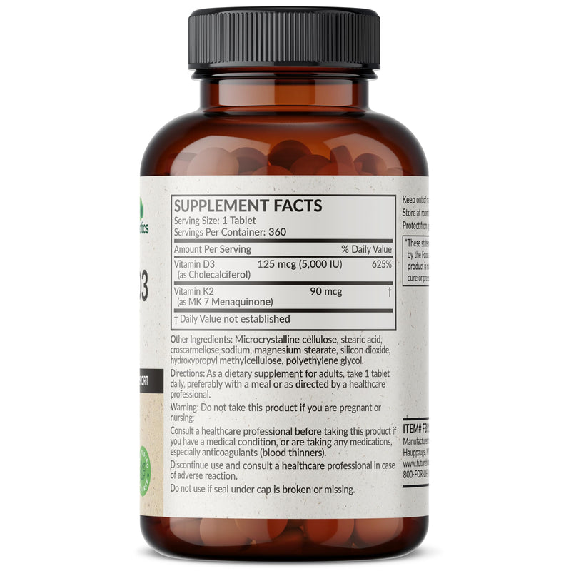 Futurebiotics Vitamin K2 with D3, 2 in 1 Support, 5000 IU Vitamin D3 & 90 mcg Vitamin K2 MK-7 Non-GMO, 360 Tablets 360 Count (Pack of 1)