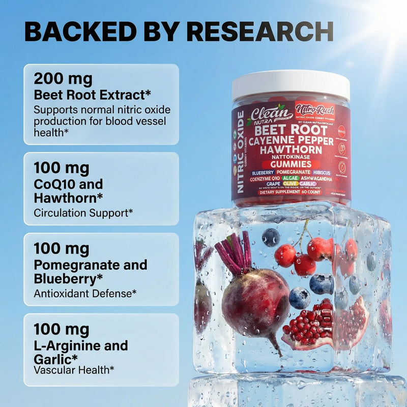 Nitro Rush Nitric Oxide Gummies Beet Root Cayenne Pepper Pomegranate Vitamin C Hawthorn Nattokinase Blueberry Hibiscus Coenzyme Q10 Algae Ashwagandha Root Grape Olive Garlic 60 Count by Clean Nutra