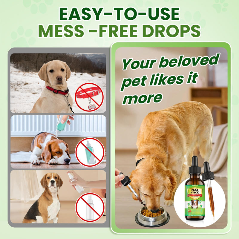 Flea and Tick Prevention for Dog, 60 ML (2 FL OZ) 2 Pack Natural Oral Flea and Tick Drops for Dogs Containing Multivitamin All Breeds and Sizes Fleas Control for Dogs Bacon Flavor 4 FL OZ