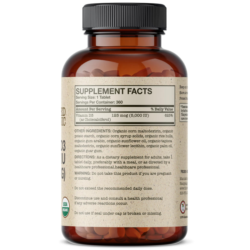 Futurebiotics Vitamin D3 5,000 IU (125 MCG), USDA Certified Organic Vitamin D Supplement, 360 Tablets