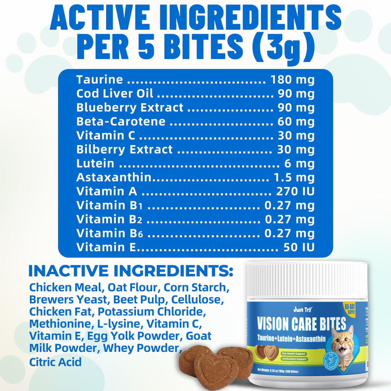 Just Try 300 Bites Vision Care Bites with Taurine For Cats Healthy Cat Treats - Support Eye Health & Vision Function - Cat Supplements 6.35 oz