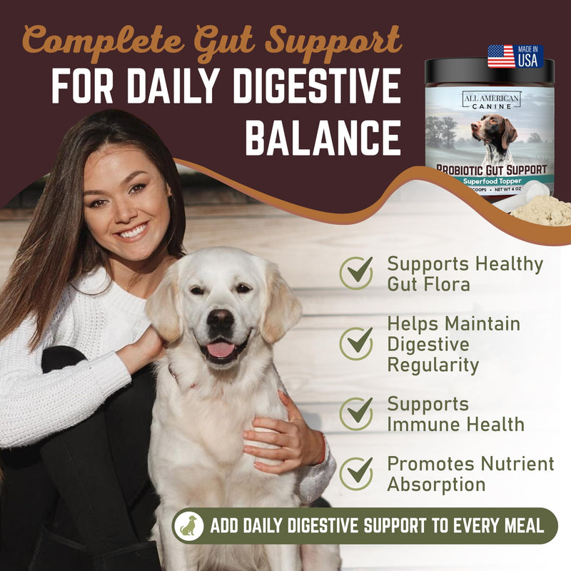 All American Canine Complete Probiotic Gut Support - Prevents Digestive Gut Health, Boosts Immune System - Blend Helps Prevent Digestive Issues Diarrhea, Constipation, & Inflammatory 90 Serving - 5oz