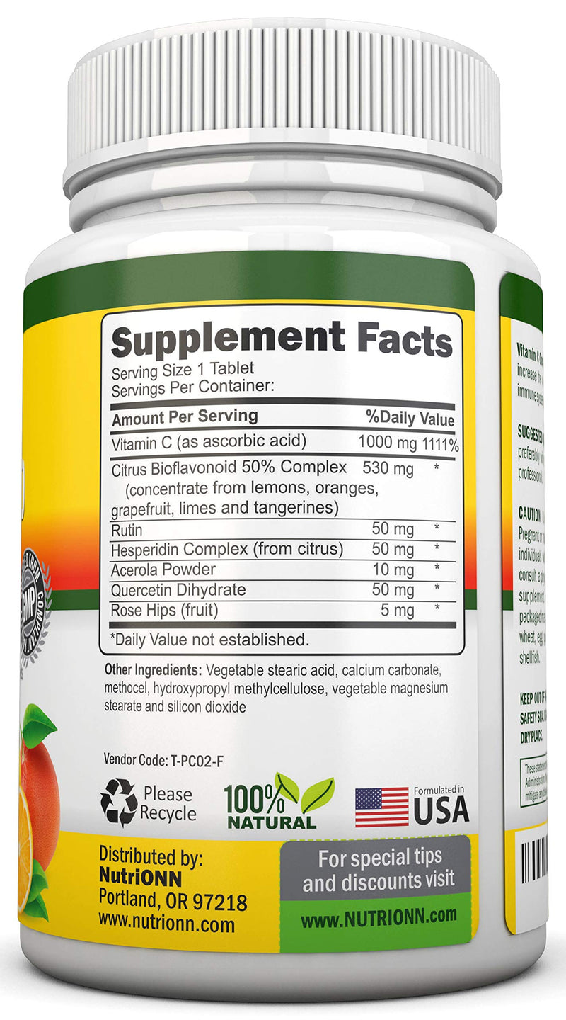 Super Vitamin C Complex - 1695Mg - 180 Tablets - With 530 mg Natural Citrus Bioflavonoids, Rose Hips, Rutin, Quercetin & Hesperidin For Increased Absorption - Advanced Immune Support - Non-GMO