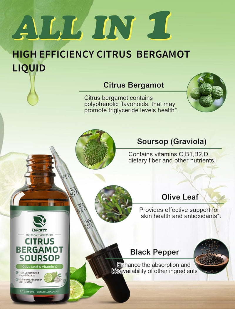 Citrus Bergamot Liquid Drops - Natural Supplement with Soursop, Red Yeast Rice, Garlic, Olive Leaf, Black Pepper - High Absorption - Support Overall Wellness* - Soursop Bitters Liquid, 2 Fl Oz - BeesActive Australia