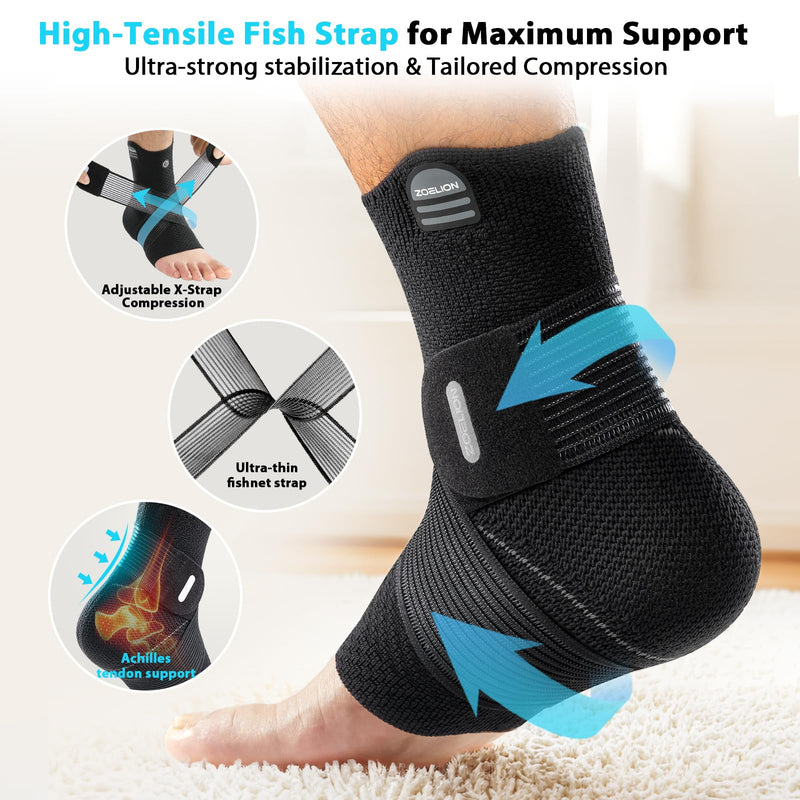 ZOELION Ankle Brace Compression Support with Removable Fishnet Strap, 3D Knit Plantar Fasciitis Relief Achilles Tendonitis Brace, Ankle Compression Sleeve for Pain Relief & Injury Healing, Black/L Large Black（Pack of 1）