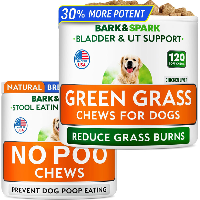 BARK&SPARK No Poo Chews + Green Grass Dog Chews Bundle - Pee Grass Spot Saver Caused by Dog Urine - Digestive Enzymes & Breath Aid Support - Digestion Supplement Treat