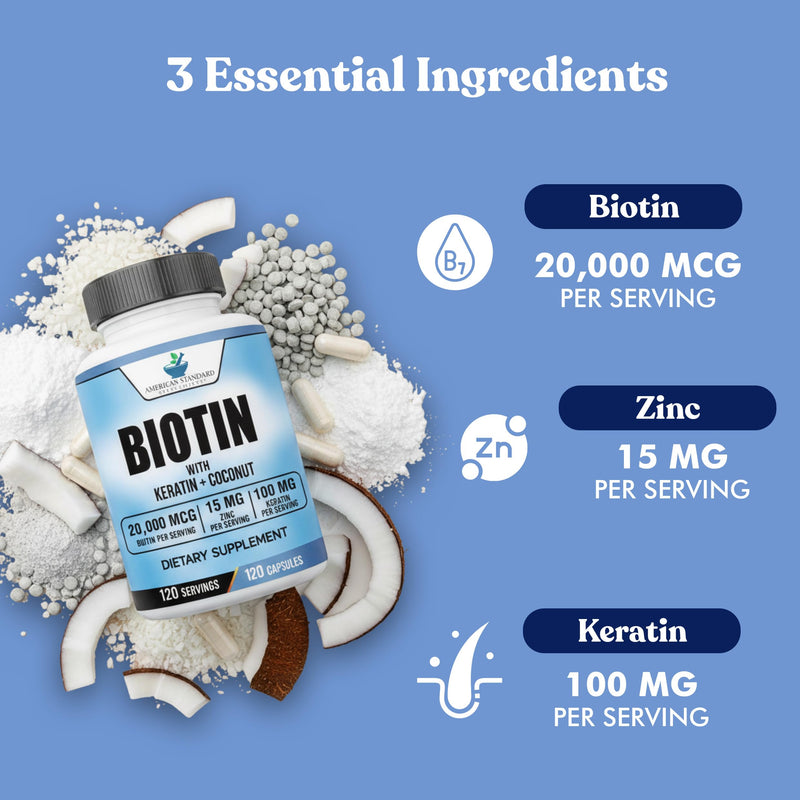 American Standard Supplements Biotin 20,000mcg with Keratin, Coconut Powder and Zinc, Biotin Supplement for Women and Men,120 Veggie Capsules, 120 Day Supply 120 Count (Pack of 1)