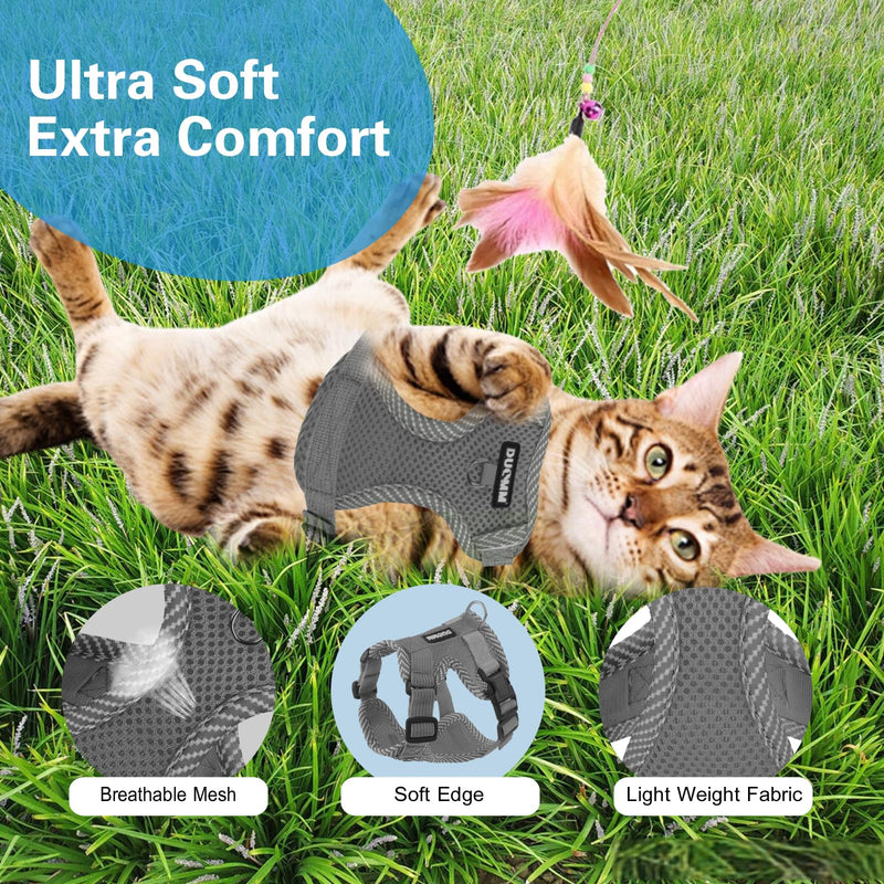 Muecleao Cat Harness with Lead, Escape-Proof, Cat Lead with Harness for Cats, Adjustable Cat Harness, Cat Collar with Reflective Strips for Outdoor Training Walking (Grey, S) Grey - BeesActive Australia