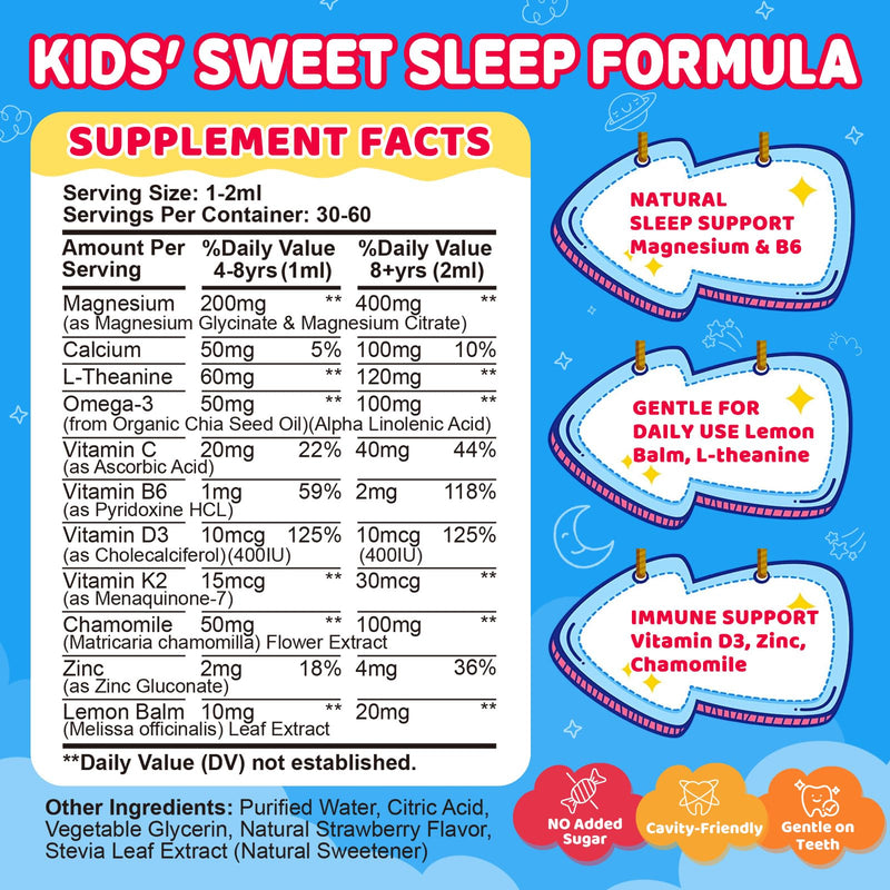 Kids Magnesium Glycinate Liquid Drops‌ – with L-Theanine, Omega-3, Vitamins B6 & D3, Zinc & Calcium – for Sleep Support, Relaxation, Focus & Brain, Bones – Strawberry Flavor, 4 Fl Oz 2 Fl Oz (Pack of 2)
