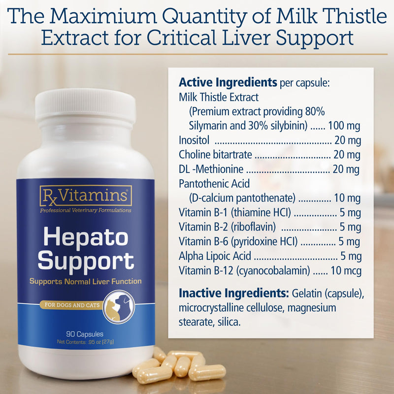 Rx Vitamins Hepato Support for Dogs & Cats - Liver Support Supplement with Milk Thistle - Boosts Liver Detox for Senior Pets - 90 ct New Label
