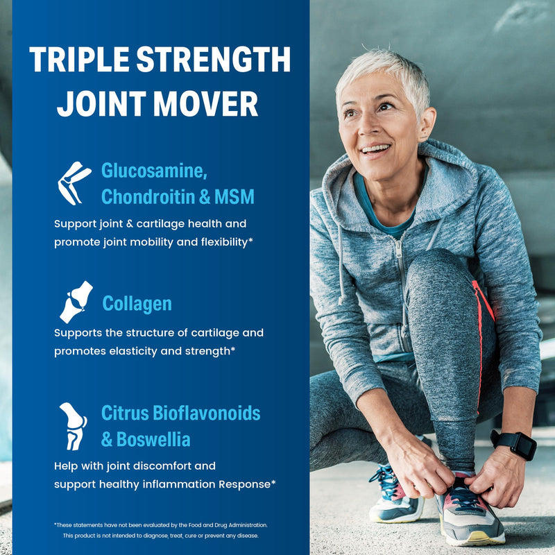 Vitamin World Triple Strength Joint Mover, Glucosamine Chondroitin with MSM | Joint Support Supplement, Collagen & Boswellia Serrata Extract, Support Joint Strength, Comfort & Flexibility, 90 Caplets 90 Count (Pack of 1)