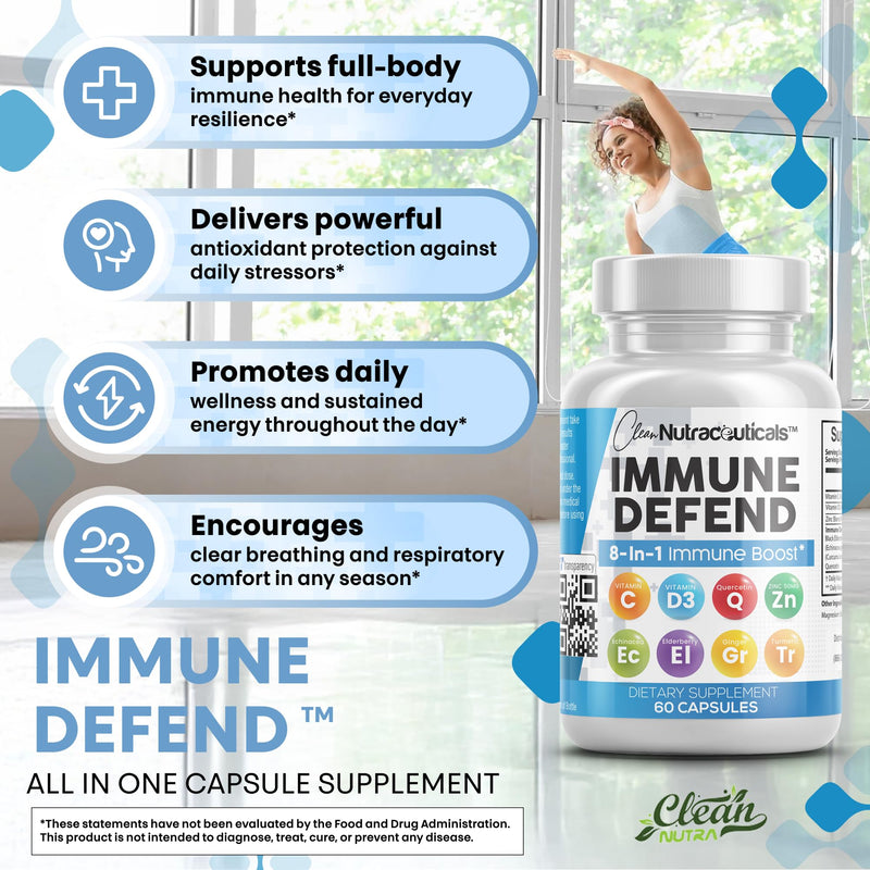 Immune Defense Support Supplement 8 in 1 w/ Zinc 50mg Quercetin, Vit C 1000mg, Vitamin D3 5000 IU, Elderberry, Turmeric Curcumin, Ginger, Echinacea - Immunity System Booster Adults Vegan - 60Ct (2) 2