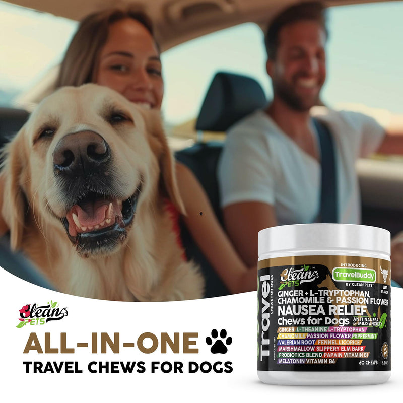 Clean Pets Travel Chews Nausea Relief for Dogs | Ginger L-Tryptophan Chamomile Passion Flower L-Theanine Peppermint Valerian Root Fennel Licorice Root Marshmallow Root Slippery Elm Melatonin Chew 60 Count (Pack of 1)