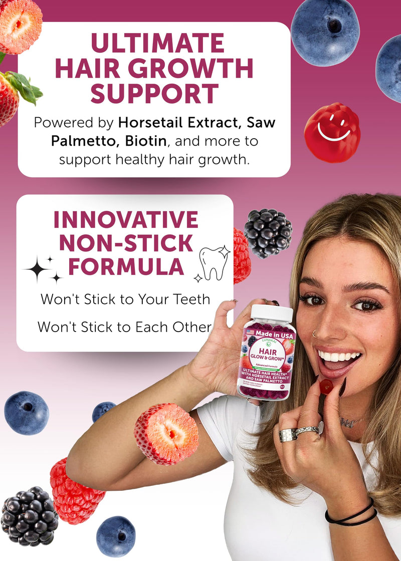 Lunakai USA Made Super Hair Gummies with Biotin, Zinc, Horsetail Extract & Saw Palmetto - Hair Growth Vitamins for Women & Men – Supports Thicker, Longer, Stronger Tresses, Skin & Nails, 60ct 60 Count (Pack of 1)