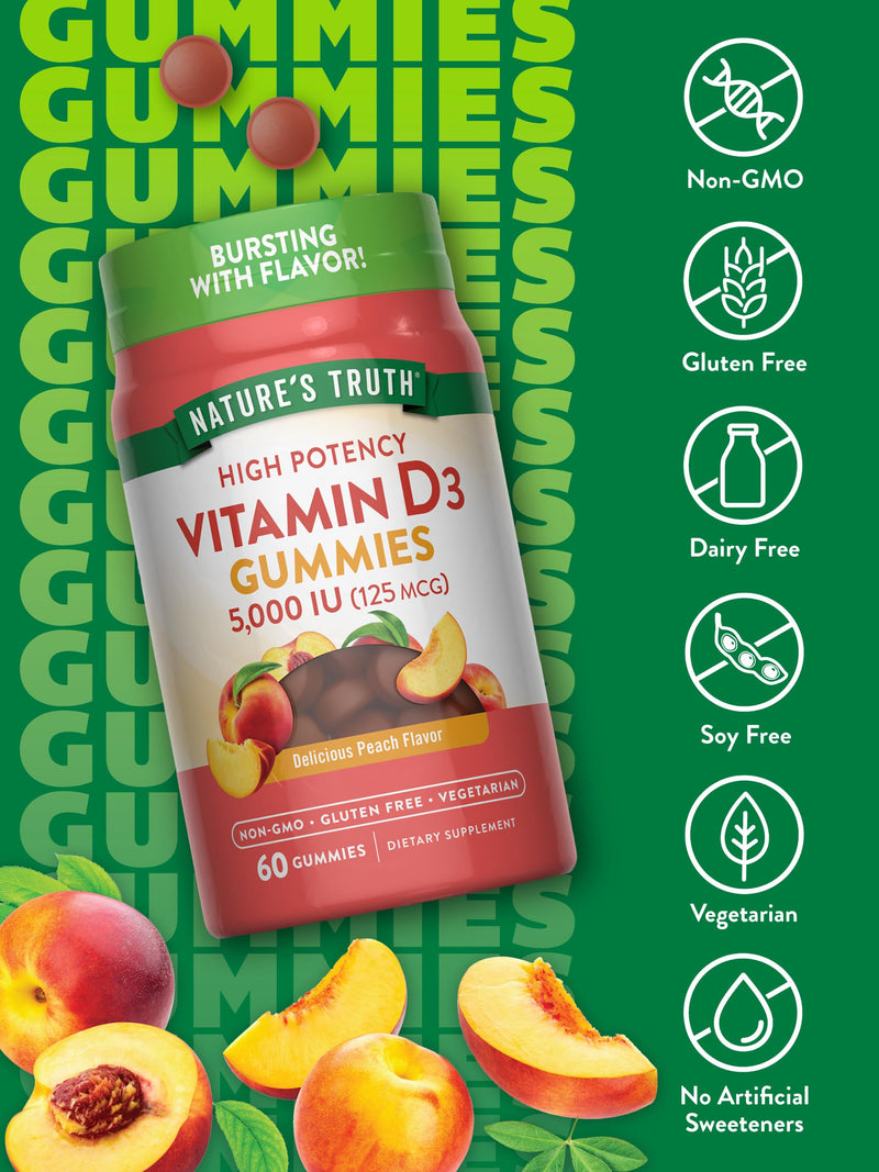 Nature's Truth Vitamin D3 Gummies | 5000 IU | 60 Count | Peach Flavor | Vegetarian, Non-GMO & Gluten Free Supplement | Vegetarian, Non-GMO & Gluten Free Supplement 60 Count (Pack of 1)