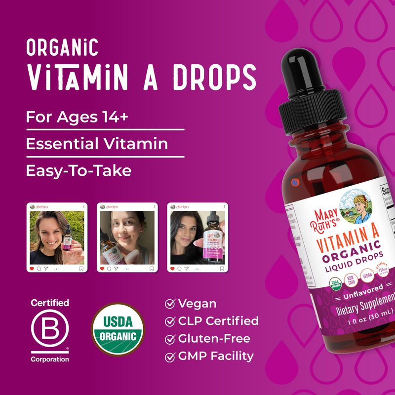 MARYRUTH'S Organics USDA Organic Vitamin A Liquid Drops, 1 oz, Sugar Free | 3 Month Supply, Bone Health for Ages 14+, 750mcg per Serving, Sugar Free, Vegan