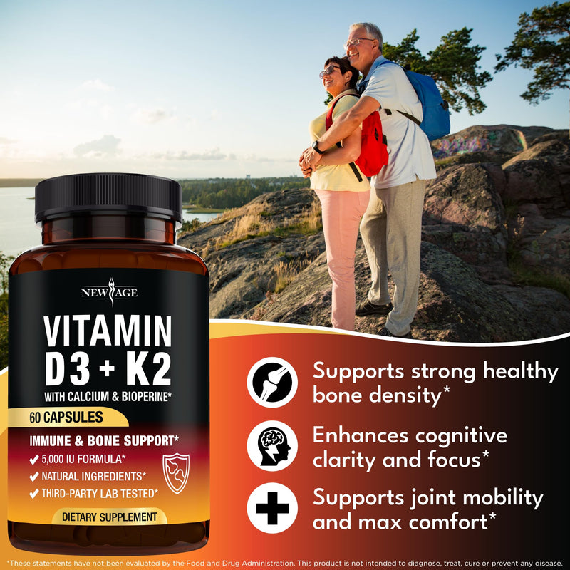 NEW AGE Vitamin D3 5,000 IU + K2 MK-7 100 mcg - 2-in-1 Bone, Immune & Heart Support, Easy to Swallow, Non-GMO - 180 Capsules 60 Count (Pack of 3)