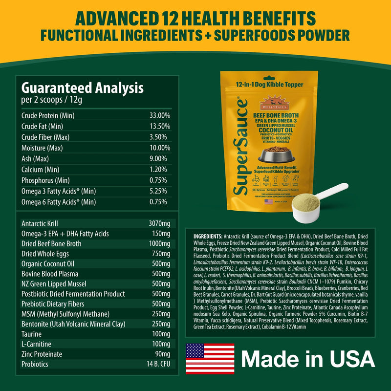 SUPERSAUCE Dog Probiotics, Bone Broth, Superfoods & Multivitamins, 12 in 1 Dog Food Topper Powder Supplement. Supports Healthy Joints, Skin, Digestion and Immune System