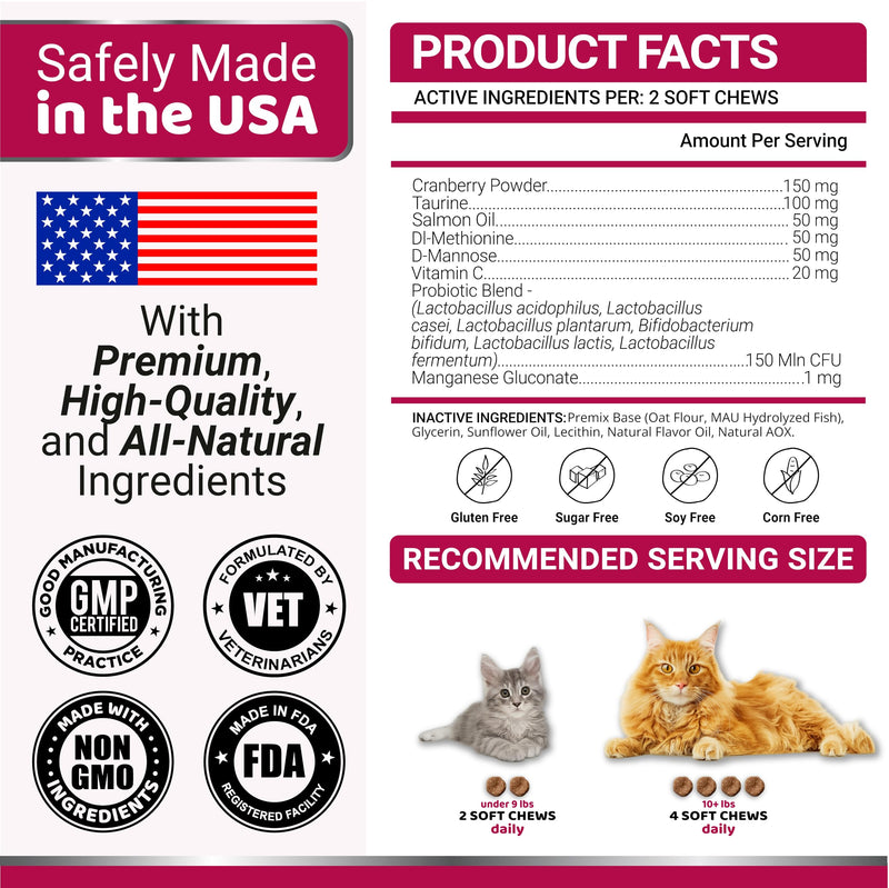 Cat Urinary Tract Health - Cranberry Supplement for Cats - Promotes Healthy Digestion & Normal Bladder Function - Probiotics - Vitamins and Food Supplements - Immune & Multivitamin Support Chews Cat Urinary & Bladder Multivitamin 120 Chews