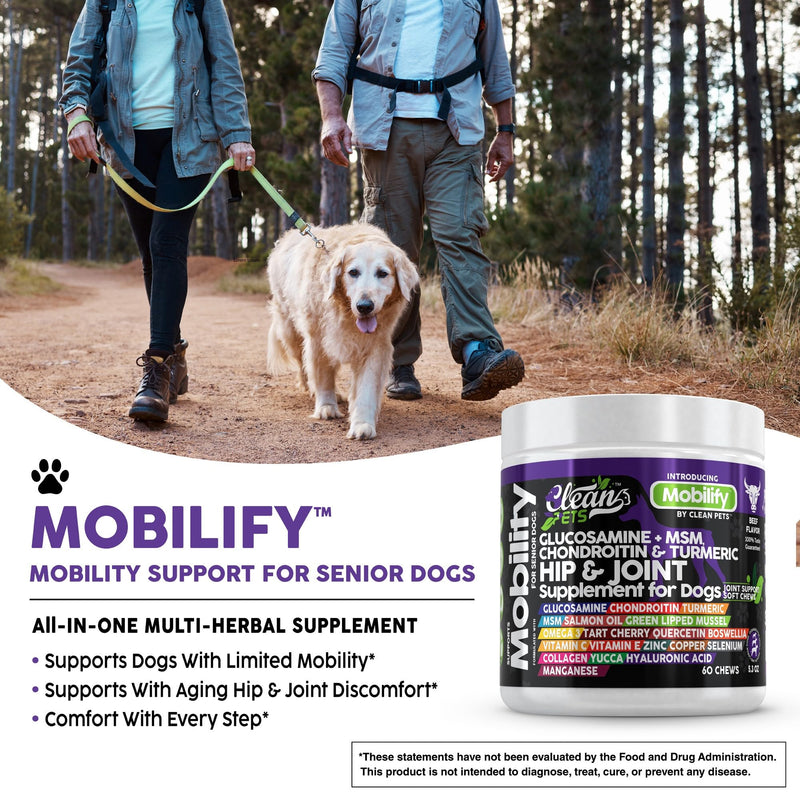 Clean Pets Hip and Joint Supplement Dogs with Glucosamine for Dogs + Chondroitin, Turmeric, Hyaluronic Acid, MSM, Salmon Oil, Collagen, Vitamin C, Omega 3 Senior Dog Supplements Beef Flavor - 1Pack 60 Count (Pack of 1)