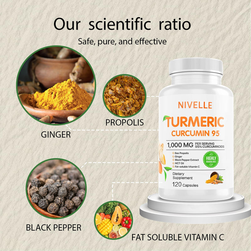 NIVELLE Turmeric Curcumin | Pure Turmeric Curcumin Supplement 1000mg | 95% Curcuminoids with Bee Propolis, Ginger, MCT Oil, Fat Soluble Vitamin C, & Black Pepper | 120 Capsules (1) 1