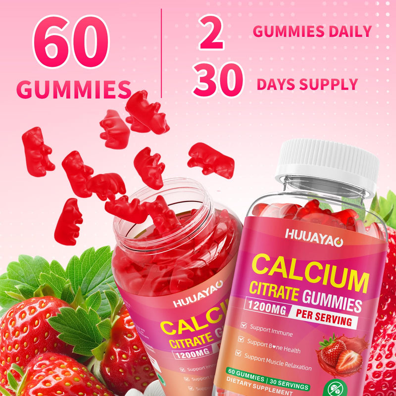 Calcium Citrate Gummies 1200mg, Chewable Calcium Supplements for Women & Men, High Absorption Calcium Gummies for Bone, Muscle & Immune Support, Sugar Free, Strawberry Flavor 120 Count 120 Count (Pack of 1)