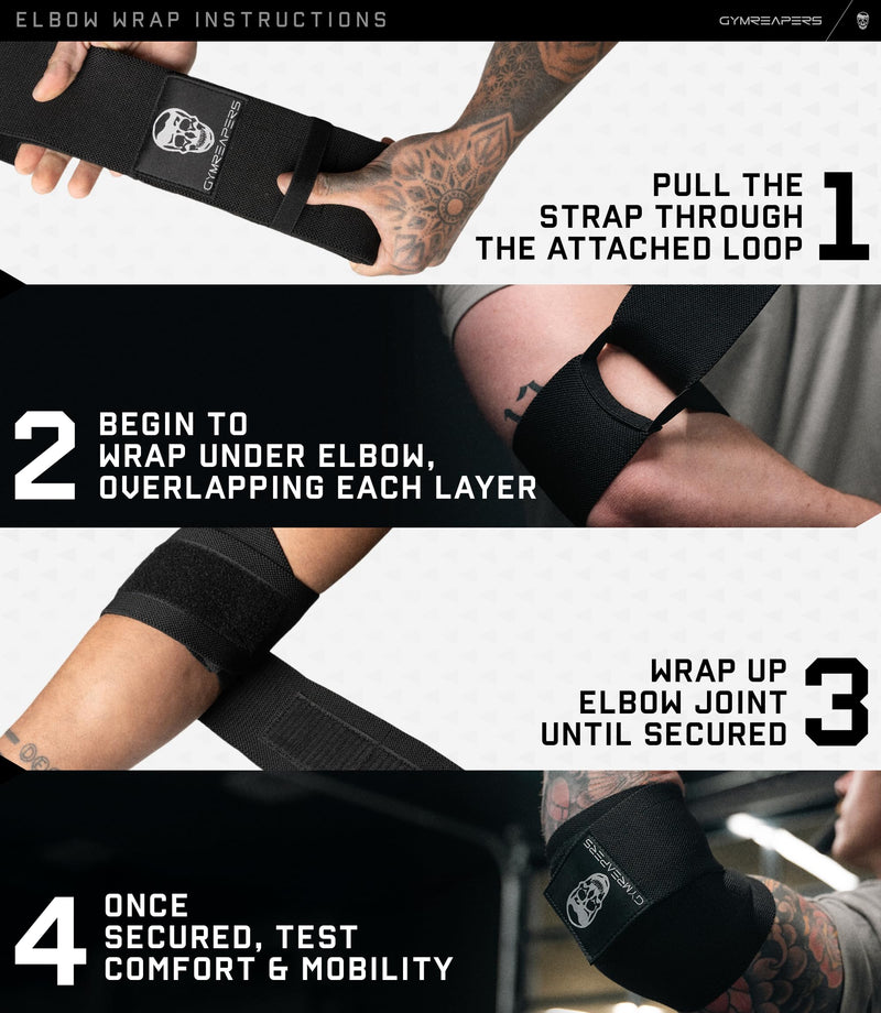 Gymreapers Weightlifting Elbow Wraps (1 Pair) - Flexible 40'' Elbow Compression Strap & Joint Support Brace - for Bench Press, Powerlifting, and Pressing Black