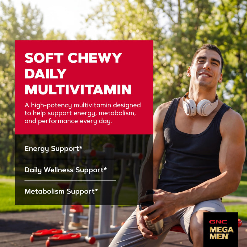 GNC Mega Men Soft Chew Multivitamin for Men | Energy & Metabolism Support | Gluten Free | Mixed Fruit | 60 Count | Supports Immune Health, Provides B Vitamins for Energy Production, Supports Carbohydrate Metabolism, Gluten-Free