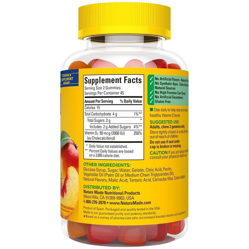 Nature Made Vitamin D3 2000 IU (50 mcg) per serving, Dietary Supplement for Bone, Teeth, Muscle and Immune Health Support, 90 Gummies, 45 Day Supply 031604028442 90 Count (Pack of 1) - BeesActive Australia