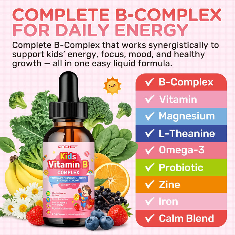Vitamin B Complex for Kids, B1, B2, B3, B6, B9(Folate), B12, Omega-3 & Magnesium, Kids B Complex Liquid Supplement for Brain, Energy, Focus, Metabolism, Gut & Immune Support,Strawberry Flavor,4 fl oz Strawberry 1 Fl Oz (Pack of 2)